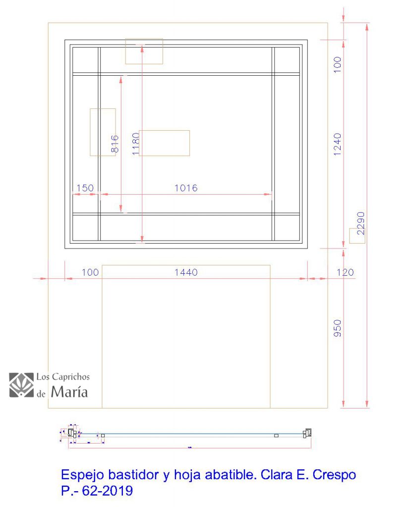 Dibujo acotado con dimensiones y posición del Espejo de Forja.